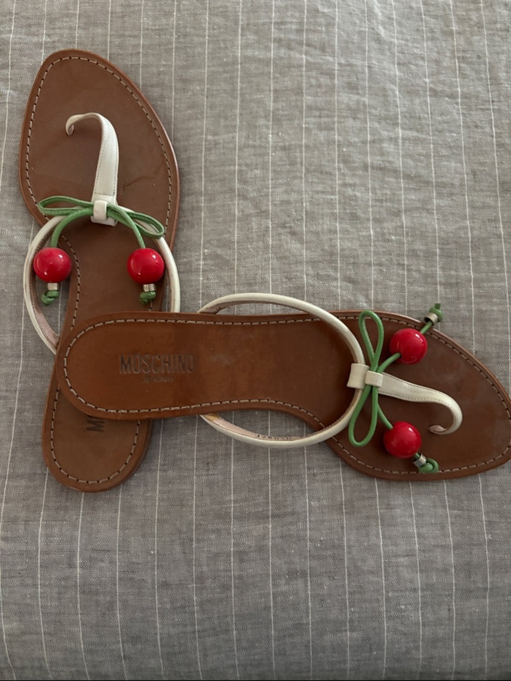 Moschino White Strap Brown Footbed Sandals with Red Cherry Beads